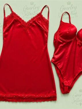 Luxe Red Satin lingerie set with faux leather